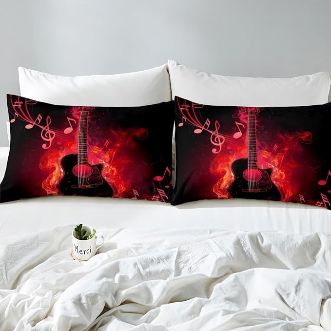 Electric Guitar Bed Sheet King Set,Rock Music Theme Guitar Musical Notes Sheet Sets Room Decoration,Neon Red Glowing Modern Artistic Bedding Set with Flat,Fitted Sheet,2 Pillow Cases