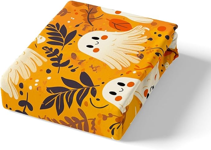 Halloween Ghosts Bed Sheet Set Home Decor Cute Ghost Skull Graffiti Trippy Sheet Sets Deep Pocket,Rustic Farmhouse Botanical Leaves Orange Mattress Cover,Twin Size with 1 Pillowcase