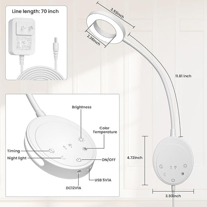 Wall Mounted Reading Light,Bedside Headboard Lights with 5 Color Temperature &5 Dimming,360°Flexible Gooseneck,USB Output, Night Light&Timer Function- Perfect for Reading (White)