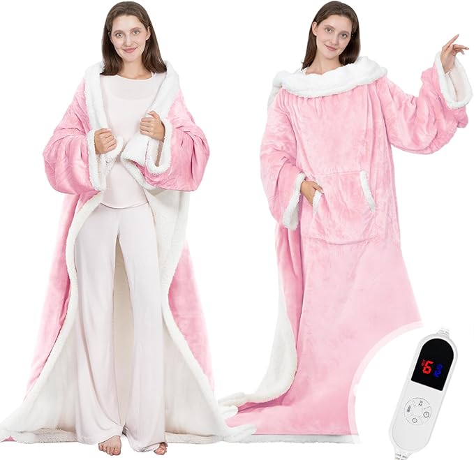 Wearable Heated Blanket with Foot Pocket, 52"x72" Electric Blanket with Sleeves for 12 Hours Timer6 Heat Settings, Flannel & Sherpa, Pink