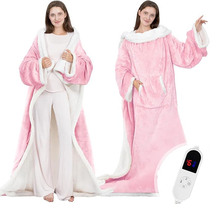 Wearable Heated Blanket with Foot Pocket, 52"x72" Electric Blanket with Sleeves for 12 Hours Timer6 Heat Settings, Flannel & Sherpa, Pink