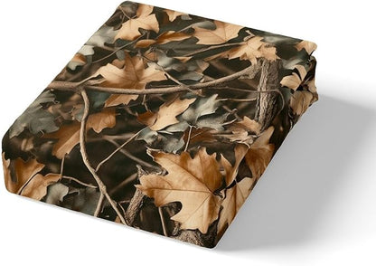 Camoflage Kids Fitted Sheet Twin Size,Jungle Woods Fall Leaves Rustic Nature Bedding Set,Boys Girls Room Decor,Hunter Cabin Adventure Camo Bed Cover,Brown Bed Sheet,1 Pillowcase(No Top Sheet)