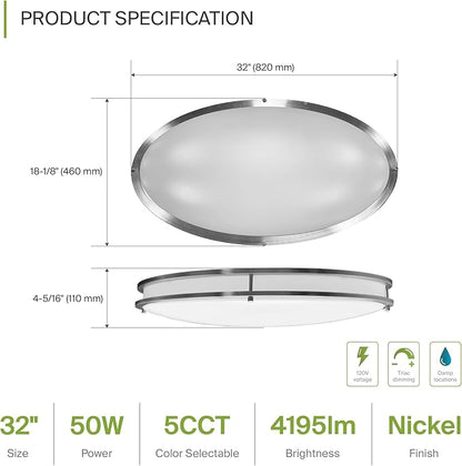ASD LED 32" Oval Flush Mount Lighting, Close to Ceiling Light Fixture | 5CCT, Dimmable, ETL Listed | 50W 4195LM 2700-5000K 120V | Low Profile Double Ring Lamp | Nickel, 2 Pack