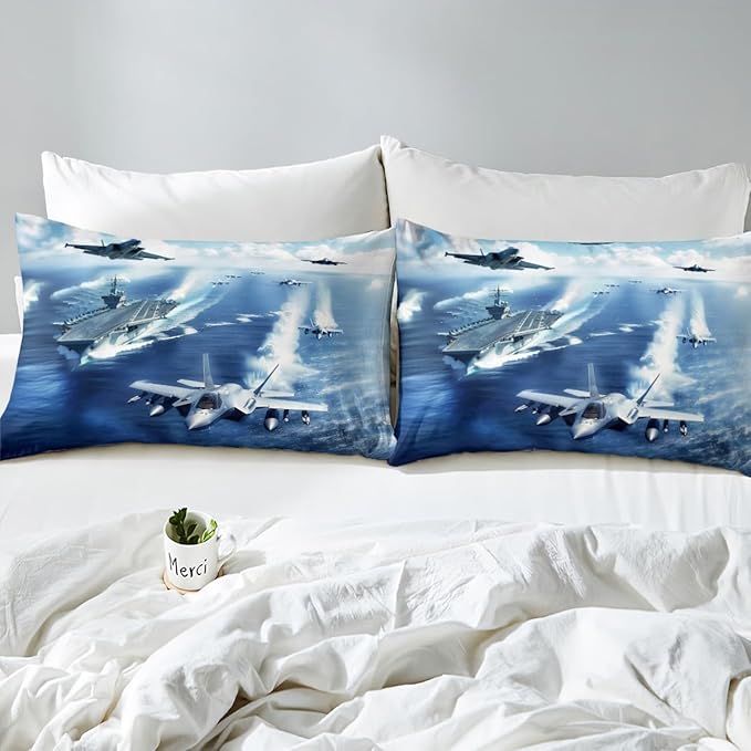 Warplane Kids Fitted Sheet Full Size,Aviation Aircraft Warship Bedding Set,Boys Men Room Decor,Modern Fighter Airplane Fashion Bed Cover,Ocean Blue Bed Sheet,2 Pillowcases