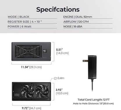 Quiet Register Booster Fan Fits 4" x 10" Register Holes, 10-Speed Smart Heating Cooling AC Vent Fan with Remote Control and Thermostat Control - Black
