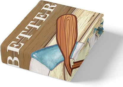 Lake House Fishing Kids Fitted Sheet Full Size,Adventure Camping Boating Nature Bedding Set,Boys Girls Room Decor,Woode Plank Rustic Retro Bed Cover,Blue Beige Bed Sheet,2 Pillowcases(No Top Sheet)