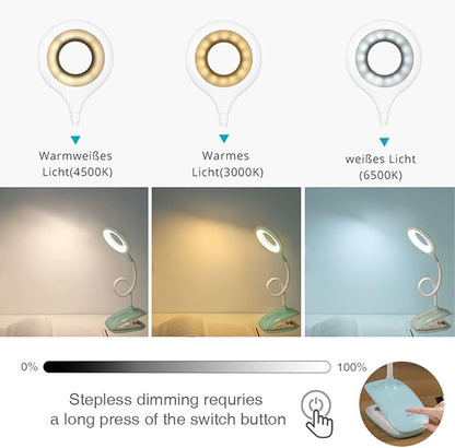Clip On Reading Light for Bed Headboard, USB Rechargeable Desk Lamp for Dorm Room Essential, 5W, 3 Colors Touch Dimmable, Eye Protect, Green