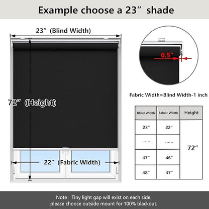 AOSKY Cordless Roller Shades Blackout Blinds for Windows Room Darkening Rolled Up Shades with Spring System, UV Protection Window Shades Door Blinds for Home and Office (19" W x 72" H, Black)