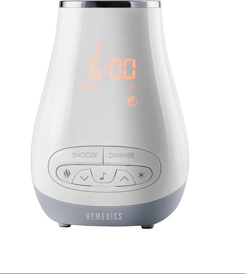 Slumber Scents Alarm Clock, Essential Oil Diffuser & White Noise Machine 6 Soothing Sounds, LED Lights, Auto-Off Timer, Bluetooth Bonus- 3 Essential Oils, Aromatherapy SoundSpa HoMedics