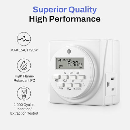BN-LINK Indoor Digital Timer Outlet, Dual Outlet 7 Day Programmable Light Switch, 3 Prong Plug in Timers for Electrical Outlets, Lamps, Fans, 8 On/Off Programs, 1 Pack, 15A/1875W, ETL Listed