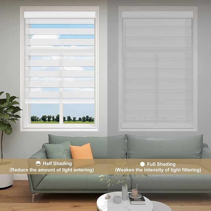 Changshade Custom Size Zebra Blinds Cordless for Indoor Windows Doors Light Filtering, Zebra Roller Shades with Valance Dual Layer Fabric for Living Room, Bedroom, Bathroom, Easy to Install, White