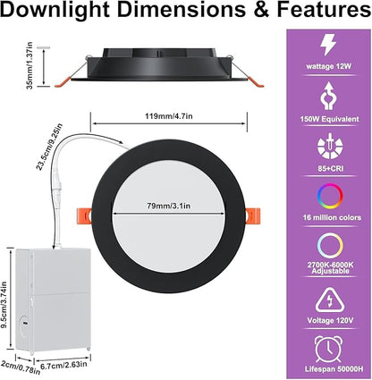 Smart Recessed Lighting 4 Inch RGBCW Color Changing 12W Black Recessed Ceiling Light with Junction Box,1080LM Canless LED Downlight Compatible with Alexa,Dimmable by Bluetooth Control -12Pack