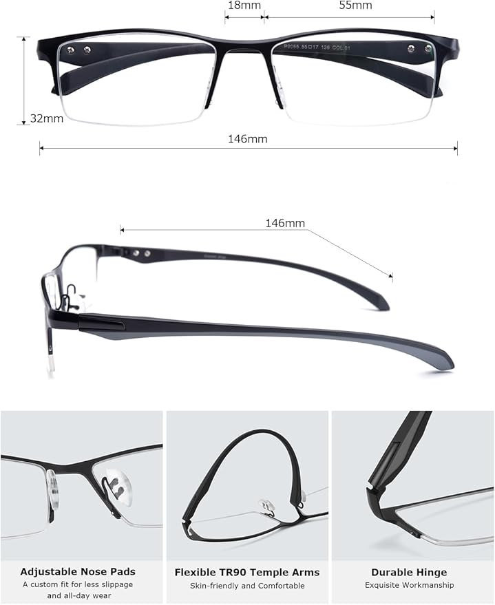 Blue Light Glasses for Men Semi Rimless Rectangular Computer Glasses Blue Blocker Anti Glare UV400 Protection Gaming Eyeglasses (Comfortable Black Metal Eyeglasses)