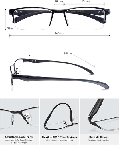Blue Light Glasses for Men Semi Rimless Rectangular Computer Glasses Blue Blocker Anti Glare UV400 Protection Gaming Eyeglasses (Comfortable Black Metal Eyeglasses)