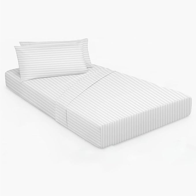 White Stripe 4-Piece Cot Bed Linen Set - 1 Fitted Sheet 33" x 75", 1 Flat Sheet 64"x 94", 2 Pillow Cases 20"x 30" Perfect for Folding Guest & Rollaway Beds