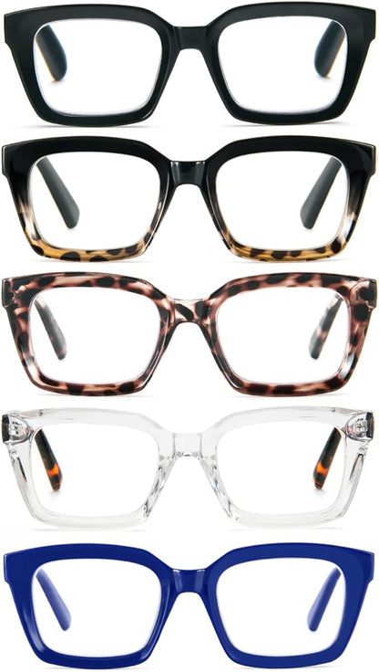 DXYXYO 5 Pack Reading Glasses for Women Blue Light Blocking Oversized Fashion Oprah Style Square Computer Readers, 3.0 Magnification