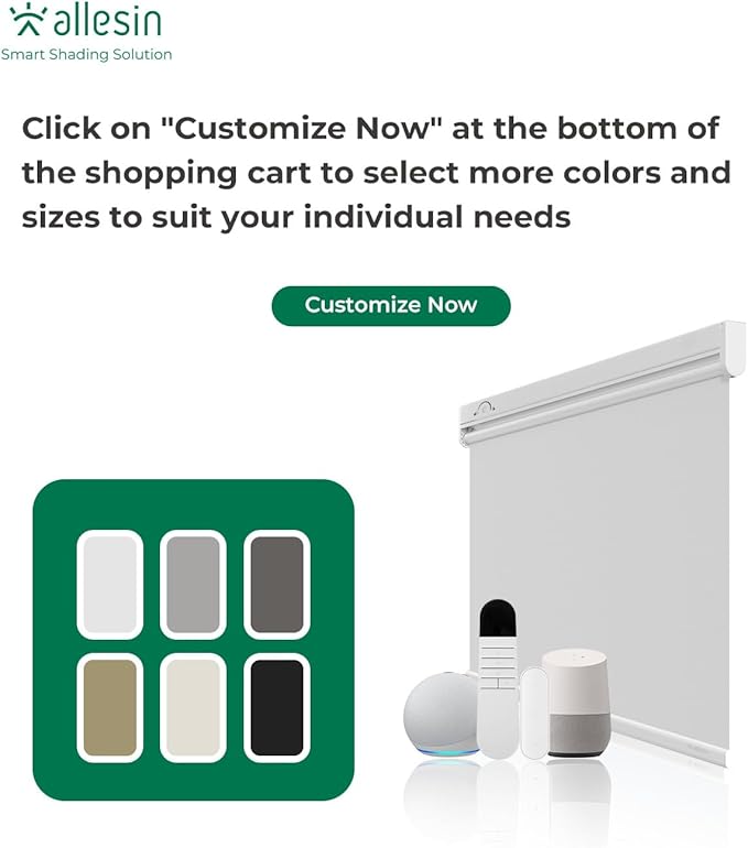 Allesin No Drill Motorized Roller Blinds with Remote Control for Windows, Blackout Automatic Smart Shades, Powered Electric Blind (Custom Size and Color)