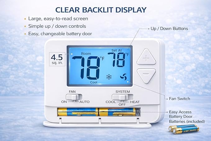 Non-Programmable Thermostat (Batteries Included) for Home 1 Heat/1 Cool Conventional Single-Stage Systems Blue Backlight (DIY Friendly)