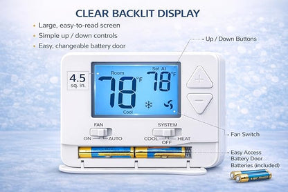Non-Programmable Thermostat (Batteries Included) for Home 1 Heat/1 Cool Conventional Single-Stage Systems Blue Backlight (DIY Friendly)