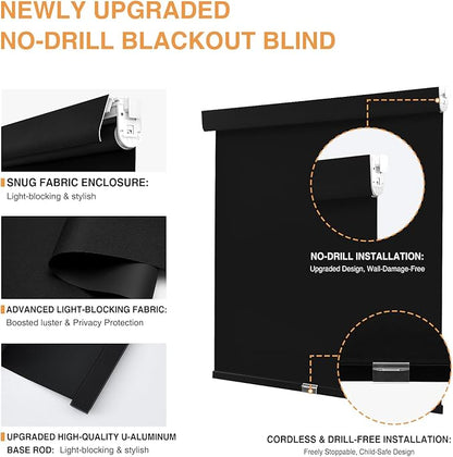 AOSKY No Drill Cordless Blackout Roller Shades with Valance,Customize Blinds for Indoor Windows,Room Darkening Window Shades Pull Down with Free-Stop Spring System, UV Protection for Home Black