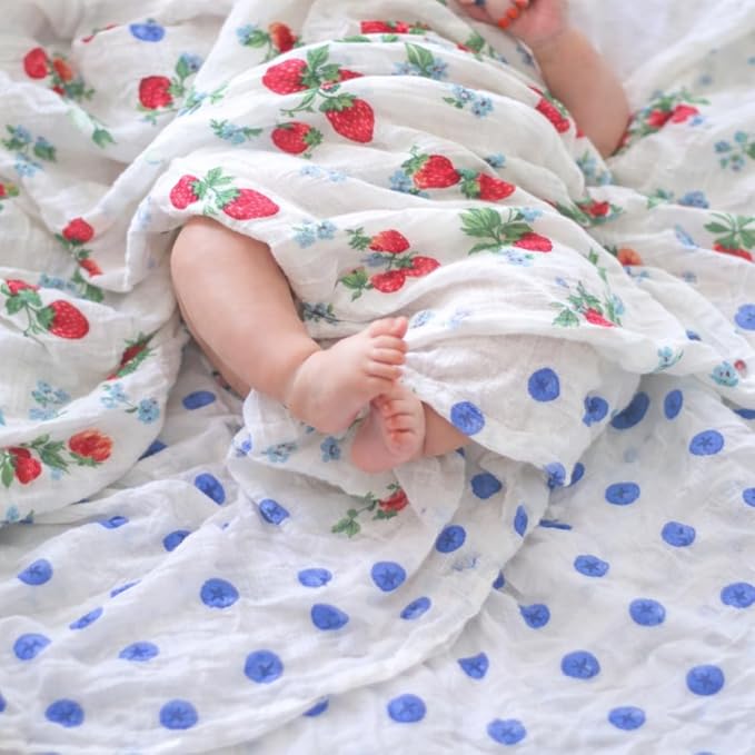 Bamboo Muslin Swaddle Blankets for Newborn – 70% Bamboo Cooling Lightweight Summer Baby Receiving Blankets, Oversized 47x47, 2 Pack – Strawberry Garden