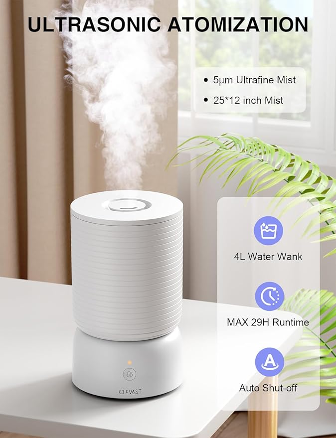 CLEVAST Smart Humidifiers for Bedroom - 1 Gal/4L Cool Mist Top Fill Humidifier with Essential Oil Diffuser, Quiet Operation for Baby Nursery, Home, Office, Room, Works with Alexa/Google Assistant
