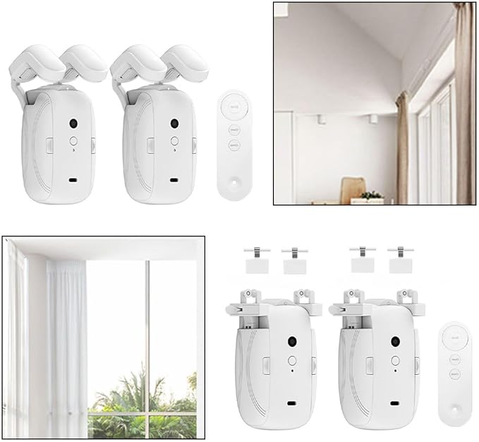 Smart Home Automatic Curtain Opener,Remote Controlled Electric Curtain Opener, Upgraded High-Performance Curtain Robot Motor, for Roman Rod U-Rail I-Rail 4000mAh Battery Powered (2PC Roman pole)
