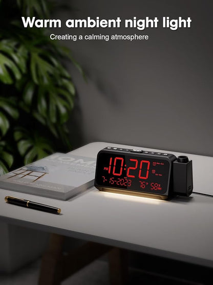 ROCAM Projection Clock for Bedroom, Digital Clock with 180° Projector on Ceiling with 5-Level Dimmer, Dual Loud Alarm Clock with Weekend/Weekday Mode, Date, Temp, Humidity, Night Light, Snooze