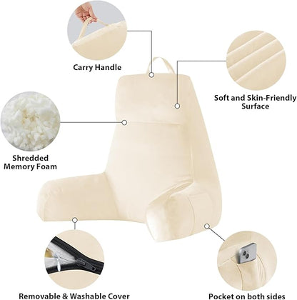 Back Pillow for Bed Sitting up, Reading Pillow for Sitting in Bed Adult, Back Support Pillow, Memory Foam Sit up Lounge Backrest Pillow with Arms for TV, Couch, Chair, Dorm, 24 Inch, Beige