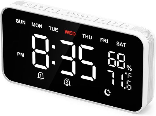Dekala Digital Alarm Clocks for Bedrooms, Loud Alarm Clock for Heavy Sleepers, Temperature & Humidity Detect, Dual Alarms Weekday/Weekend Mode, Large Display Auto Dimmer, Sleep Sound，9 Ringtone