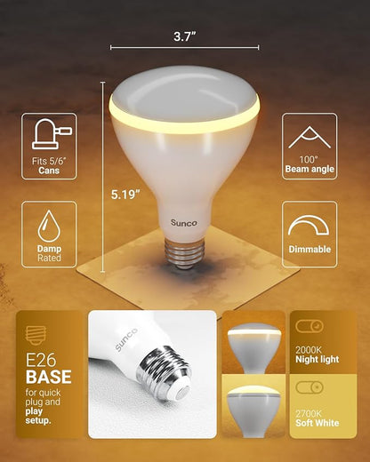 Sunco 6 Pack BR30 Night Light, Sleep Light Bulb, Blue Light Blocking for Lamp, Bedroom, Mood Soothing, Nursery, 8.5W=55W, 2CCT 2700K, 2000K, Dimmable, 800 LM (80 LM Night Light), E26 Medium Base UL