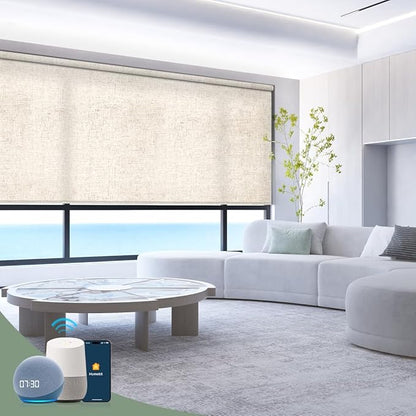 ZSHINE Motorized Window Blinds Over-Size Customize Width (21-114 Inches) Remote Control Wireless and Rechargeable Motor Roller Shades Blinds for Windows(Light Filtering Linen Texture)