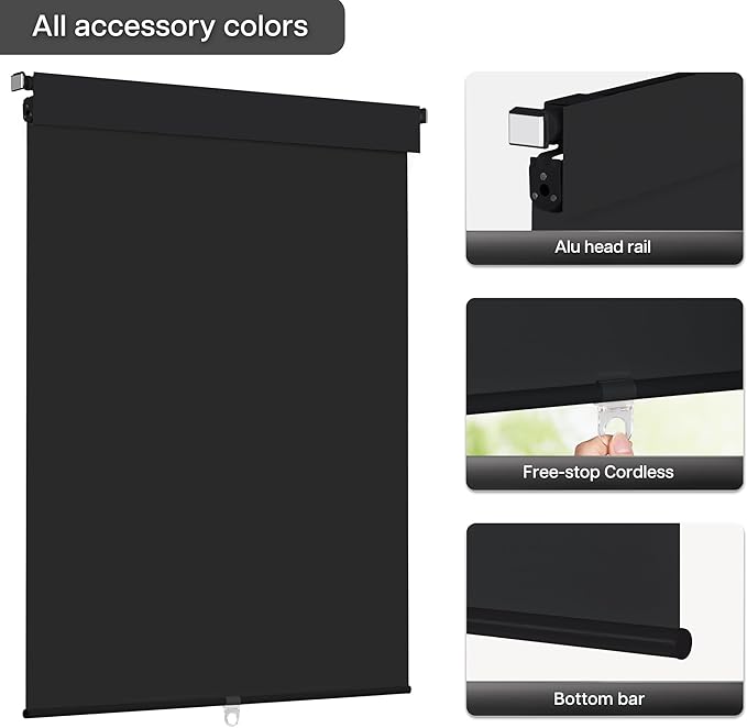 LazBlinds No Drill Blinds for Indoor Windows, Blackout Roller Shades, Cordless Window Blackout Blinds, Thermal Insulated Fabric UV Protection for Home and Office, 22.5" W x 48" H, Black