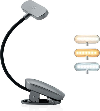Rechargeable Book Light for Reading in Bed – 14 LED Book Light with 3 Color Temperatures, Stepless Dimming, Up to 80 Hours Runtime, 360° Rotatable Clip – Perfect for Book Lovers, Grey