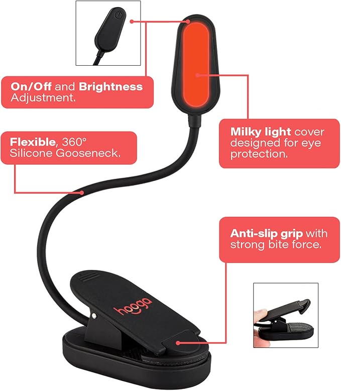 Hooga Red Book Light, Clip On 625nm LED Light for Reading in Bed, No Blue Light, Eye Care, Gift for Students, Kids, Travel, Nursing, Studying
