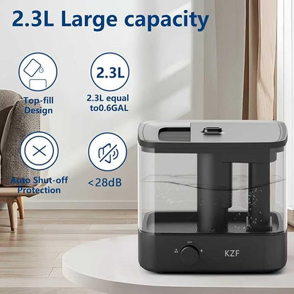 KZF 2.3L Top-Fill Cool Mist Humidifier – Whisper-Quiet, Up to 30 Hrs Runtime, Auto Shut-Off, Ideal for Bedroom, Baby Nursery & Plants