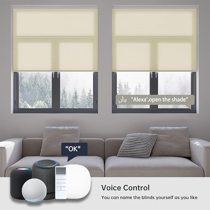Motorized Cellular Shades with Remote, Light Filtering Smart Cellular Shades Compatible with Alexa, Honeycomb Window Blinds for Bedroom Home Office, Custom Size, Half Shading Cream