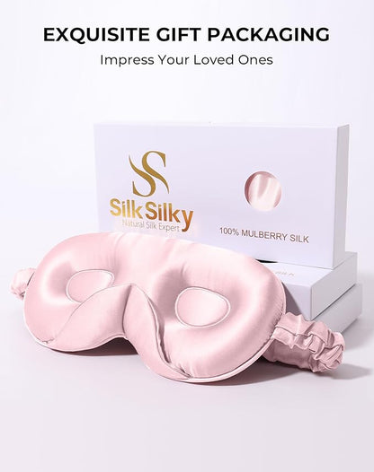 SilkSilky 100% 22 Momme Mulberry Silk Sleep Mask – Upgraded 3D Contoured Eye Mask with Nose Wing Pads & Adjustable Strap, Luxury Blackout Eye Cover for Women & Men (Pink)
