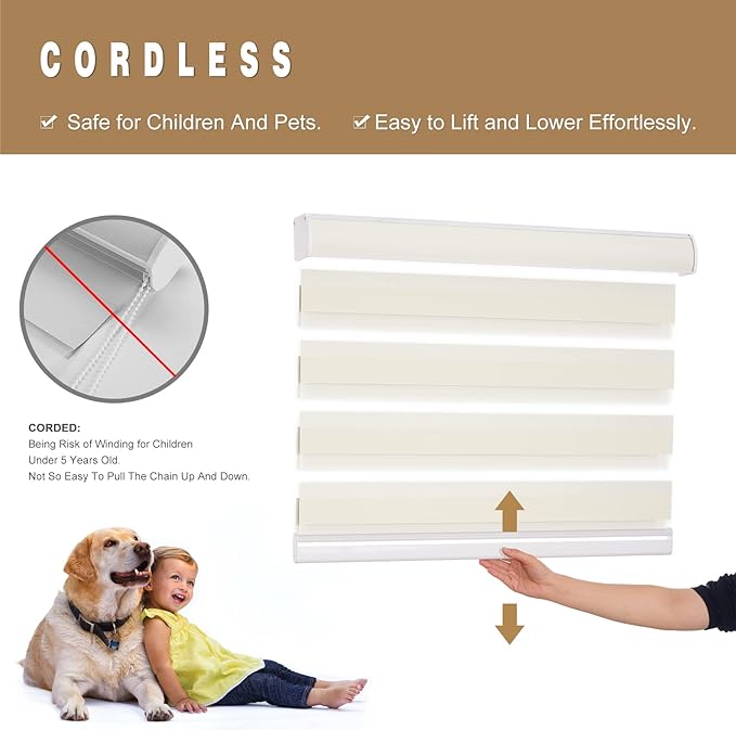 Changshade Zebra Blinds for Indoor Windows Cordless Light Filtering, Custom Size Zebra Roller Shades Dual Layer Fabric for Sliding Glass Doors, Living Room, Bedroom, Bathroom, Easy to Install, Beige