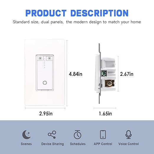 Smart Dimmer Switch, Dimmable Smart Switch Compatible with Alexa and Google Home, 2.4GHz WiFi Switches for LED Lights/CFL Light Bulbs, Remote Control, Neutral Wire Required, ETL & FCC, YSDM102-2PK