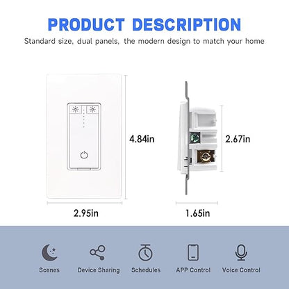 Smart Dimmer Switch, Dimmable Smart Switch Compatible with Alexa and Google Home, 2.4GHz WiFi Switches for LED Lights/CFL Light Bulbs, Remote Control, Neutral Wire Required, ETL & FCC, YSDM102-2PK