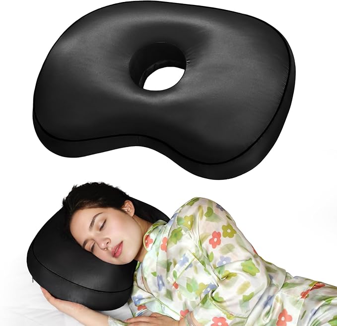 Black Ear Piercing Pillow - Side Sleeper Support with 3.5" Ear Hole Relief, Hypoallergenic Velvet Orthopedic Pillow for Healing Piercings