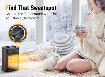 Space Heater, 1500W Electric Heaters Indoor Portable with Thermostat, PTC Fast Heating Ceramic Room Small Heater with Heating and Fan Modes for Bedroom, Office and Indoor Use，12IN