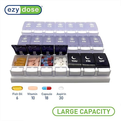 EZY DOSE Weekly (7-Day) Pill Case, Daily Medicine Planner, Vitamin Organizer Container, Large Push Button Compartments, Easy to Use, 3 Times a Day, Spring Open Design, Grayscale Lids, BPA Free