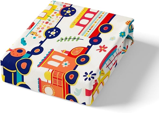 Cartoon Trains Kids Fitted Sheet Twin Size,Choochoo Retro Steam Locomotive Train Bedding Set,Boys Girls Room Decor,Daisy Flowers Leaf Dots Bed Cover,Colorful Cute Bed Sheet,1 Pillowcase