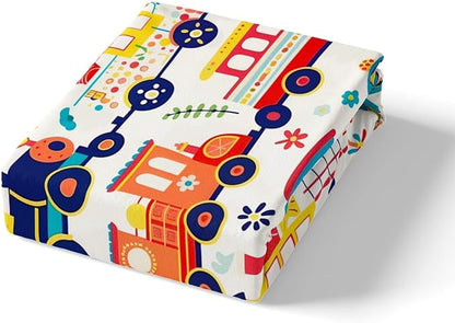Cartoon Trains Kids Fitted Sheet Full Size,Choochoo Retro Steam Locomotive Train Bedding Set,Boys Girls Room Decor,Daisy Flowers Leaf Dots Bed Cover,Colorful Cute Bed Sheet,2 Pillowcases