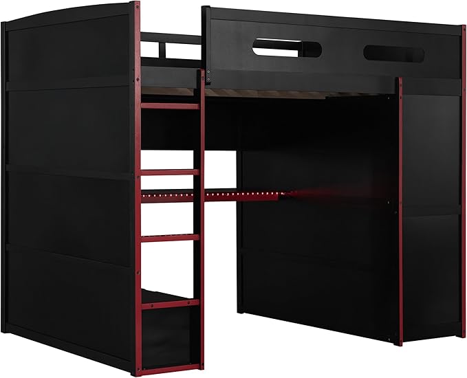 GOWE Full Size Wood Loft Bed with Desk,Wardrobe,Ample Storage Space,and RGB Light, Red(Old SKU:LT000261AAR)