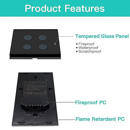 BSEED Smart Light Switches, 4 Gang Alexa WiFi Switch with Smart Life App Control and Timer Function, Black Touch Single Pole Switch Compatible with Alexa and Google Assistant