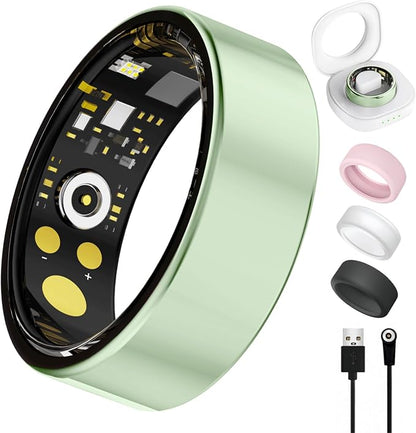Smart Ring for Women Men, Health Tracker with Heart Rate/Blood Oxygen/Blood Pressure/Sleep Monitoring/Step Counting, IP68 Waterproof Fitness Ring, No App Fees for iPhone & Android (Green, 7#)
