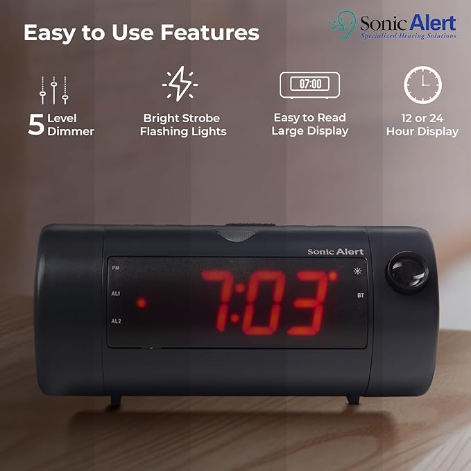 Sonic Blast Digital Alarm Clock – Alarm Clock for Heavy Sleepers – Projection Alarm Clock – Android & iOS Compatible - Bluetooth Speaker, USB Port – AUX Compatible